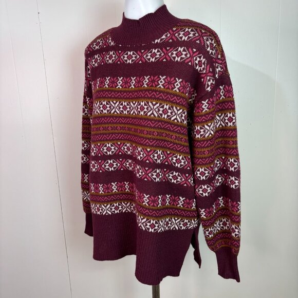 LOFT Sweater Small Burgundy Fair Isle Mock Neck Long Sleeve Holiday Pullover - Picture 3 of 11